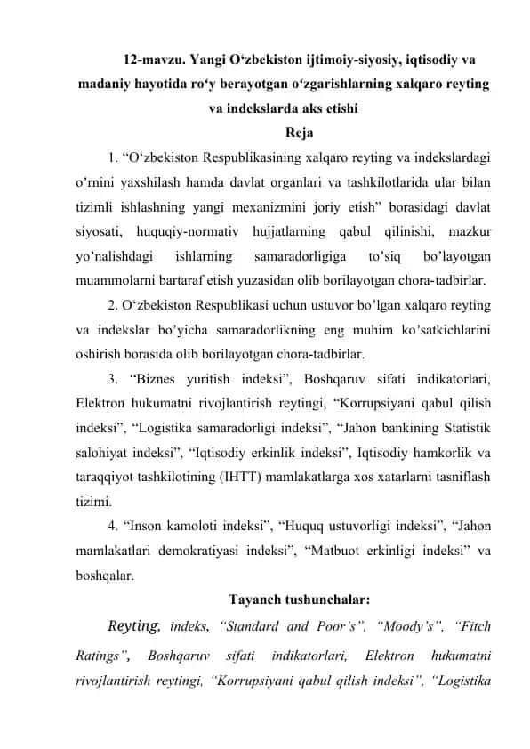 O‘zbekiston ijtimoiy-siyosiy, iqtisodiy va madaniy hayotida roʻy berayotgan oʻzgarishlar