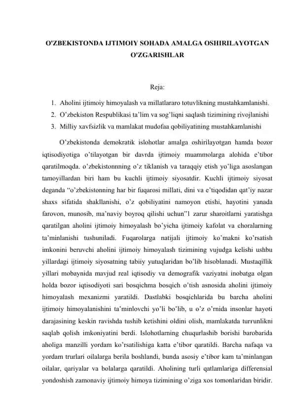 O'ZBEKISTONDA IJTIMOIY SOHADA AMALGA OSHIRILAYOTGAN O'ZGARISHLAR