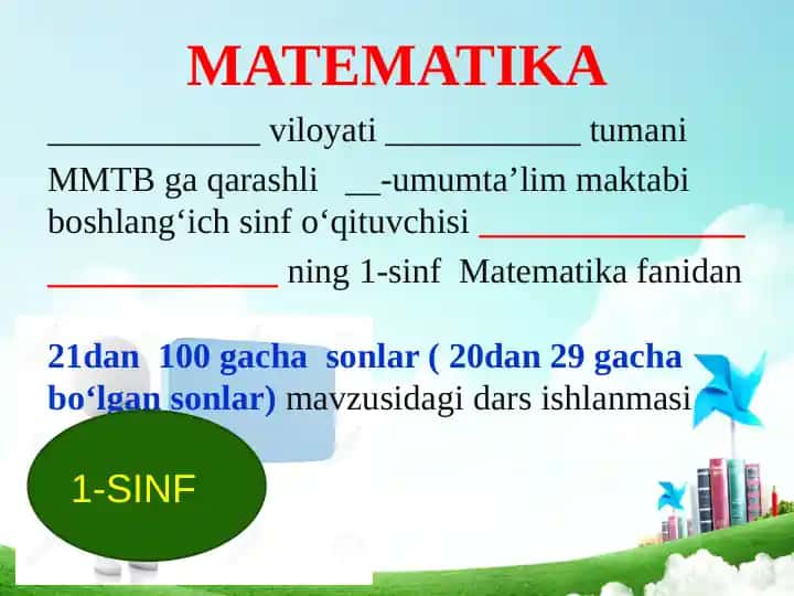 1-sinf Matematika 20 dan 29 gacha bo'lgan sonlar mavzuda dars ishlanma