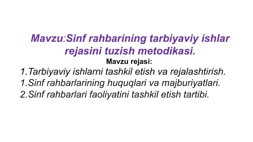 Sinf rahbarining tarbiyaviy ishlar rejasi