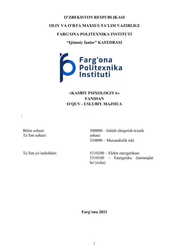 Kasbiy psixologiya fanidan o’quv-uslubiy majmua