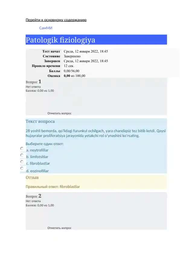 Patologik fiziologiya test savollari