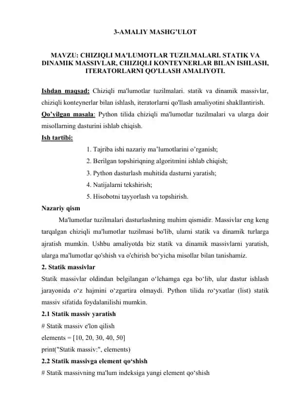 Chiziqli ma'lumotlar tuzilmalari amaliyoti