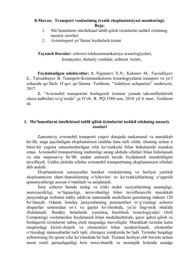 Transport vositasining texnik ekspluatatsiyasi monitoringi