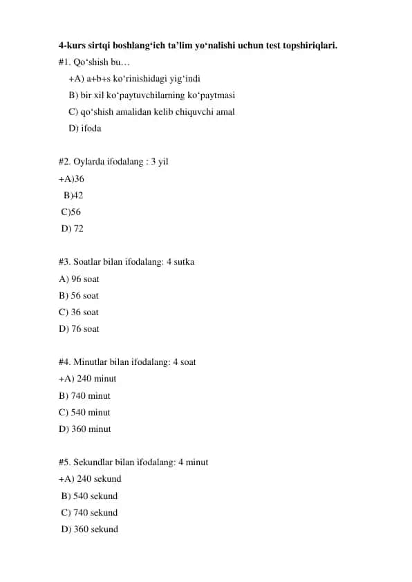 4-kurs sirtqi boshlang‘ich ta’lim yo‘nalishi uchun test topshiriqlari