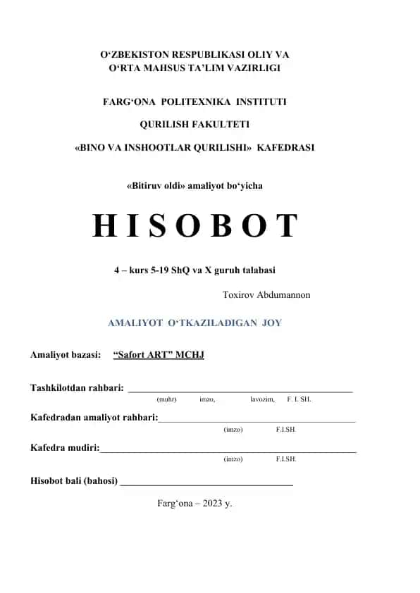 Amaliyot hisoboti "Bitiruv oldi" amaliyot bo‘yicha