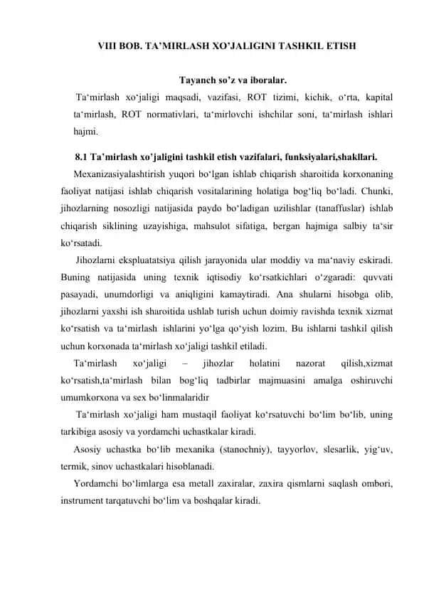 Ta’mirlash xo’jaligini tashkil etish va ROT tizimi