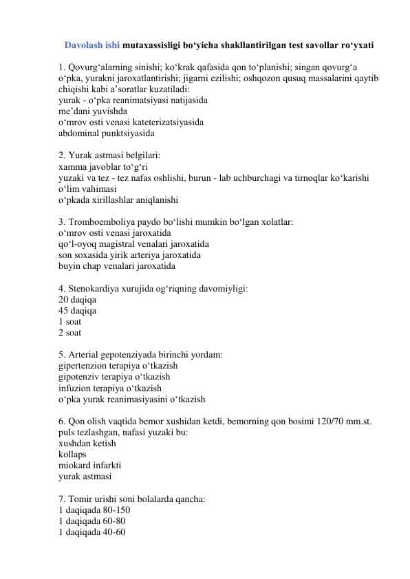 Davolash ishi mutaxassisligi boʻyicha test savollar roʻyxati
