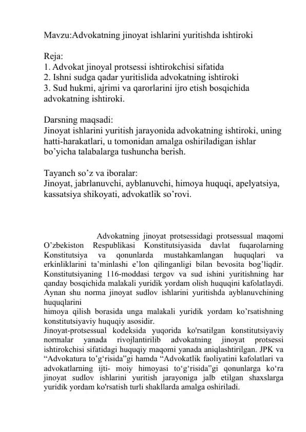 Advokatning jinoyat ishlarini yuritishda ishtiroki