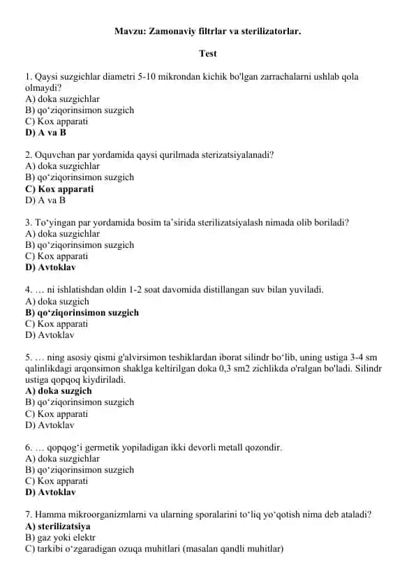 13. Zamonaviy filtrlar va sterilizatorlar. Test 10 ta, javoblari bilan.