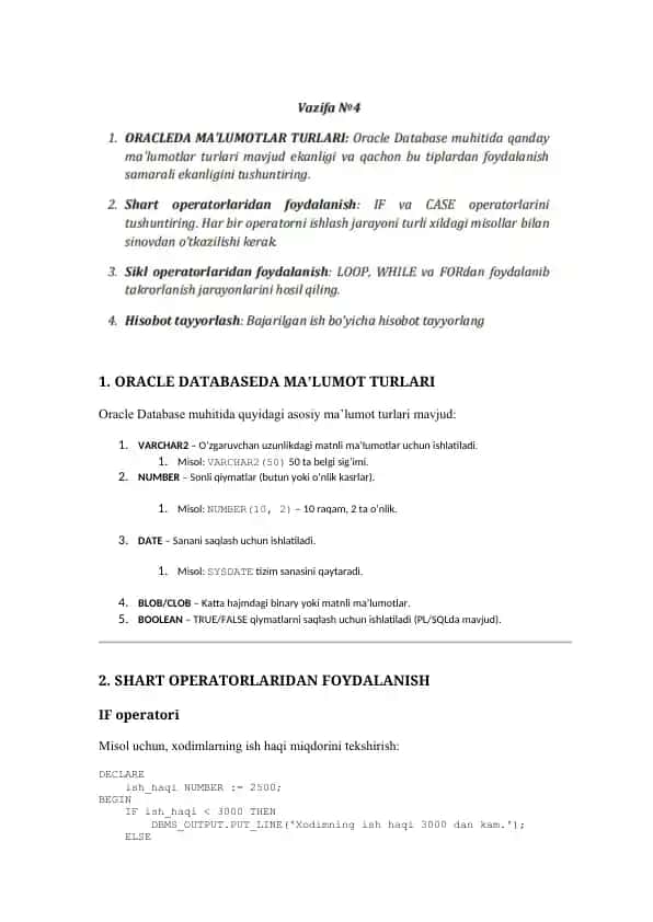 ORACLE DATABASEDA MA’LUMOT TURLARI