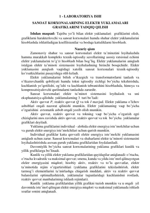 Laboratoriya Ishi - Elektr Yuklamalari Grafiklarini Tadqiq Qilish