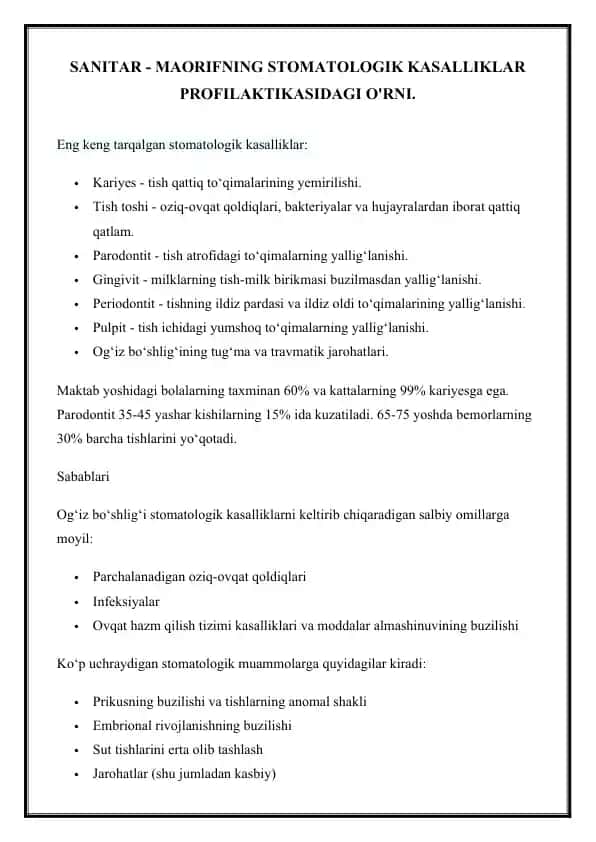 SANITAR - MAORIFNING STOMATOLOGIK KASALLIKLAR PROFILAKTIKASIDAGI O'RNI