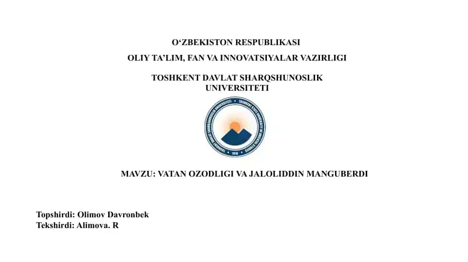 VATAN OZODLIGI VA JALOLIDDIN MANGUBERDI