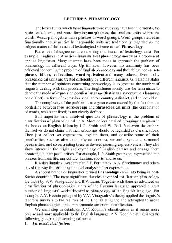 LECTURE 8. PHRASEOLOGY