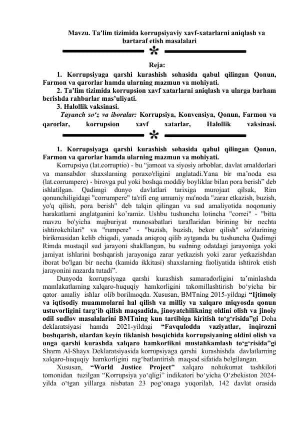 Korrupsiyaviy xavf-xatarlarni aniqlash va bartaraf etish