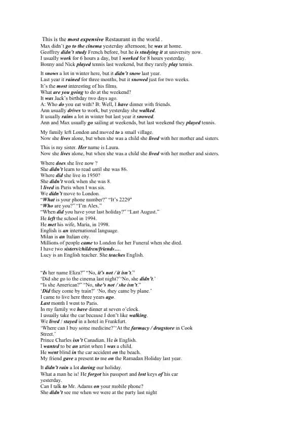 Grammar exercises for past simple tense
