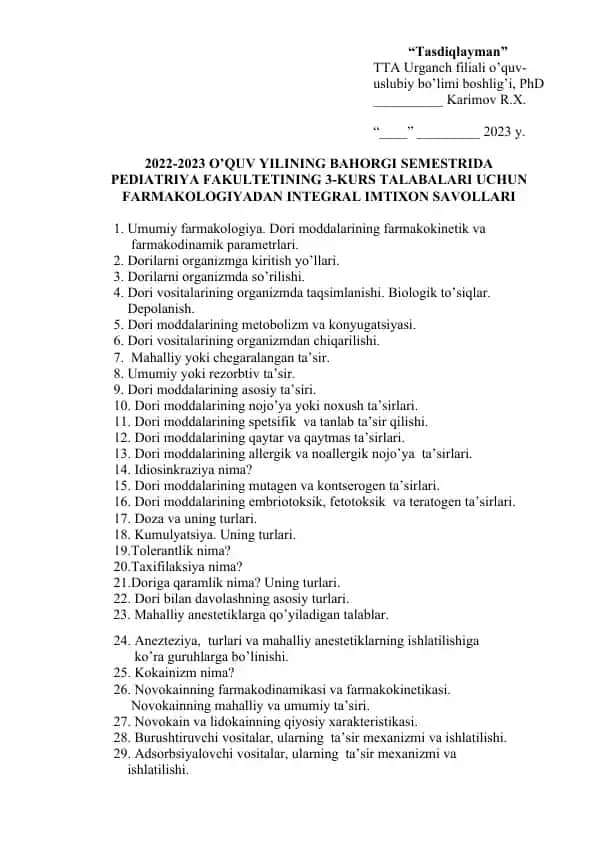 FARMAKOLOGIYA INTEGRAL IMTIXON SAVOLLARI