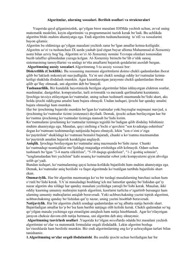 Algoritmlar, ularning xossalari va tasvirlash usullari