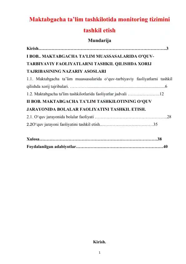 Maktabgacha ta’lim tashkilotida monitoring tizimini tashkil etish