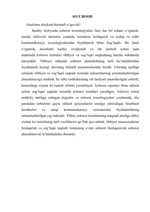 Tibbiyot sohasida axborot tizimlarini boshqarish