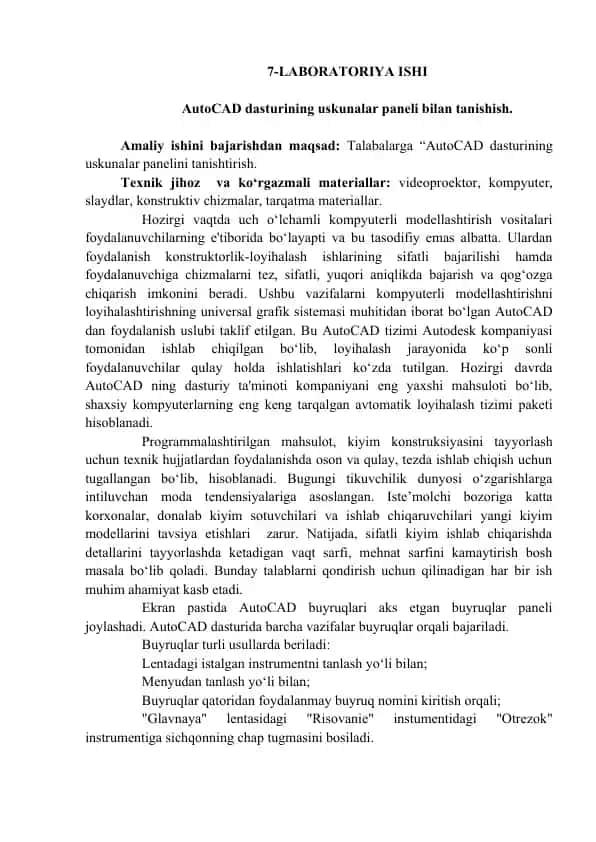 AutoCAD dasturining uskunalar paneli