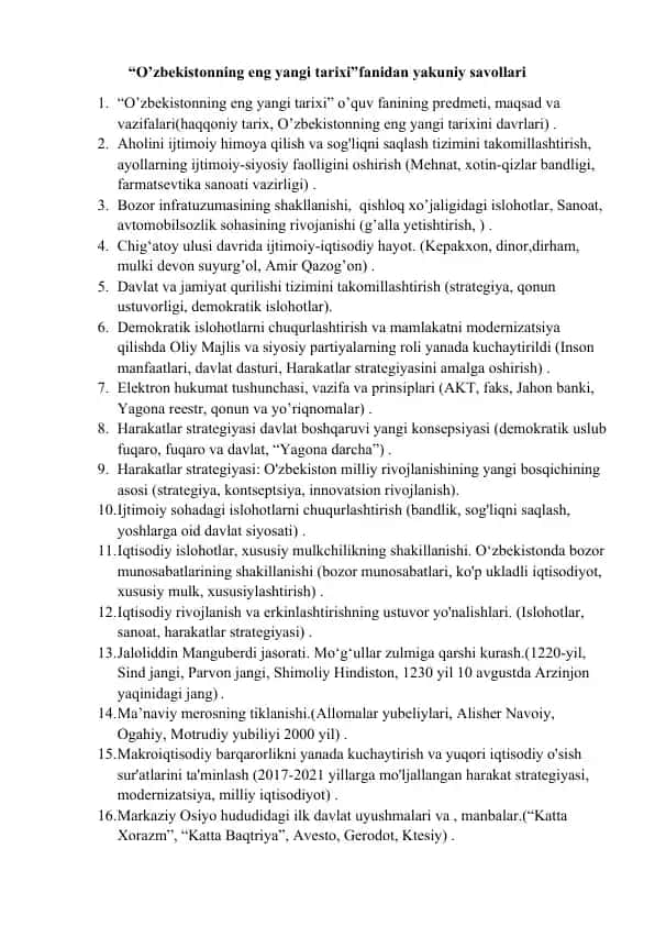 "O’zbekistonning eng yangi tarixi" fanidan yakuniy savollari