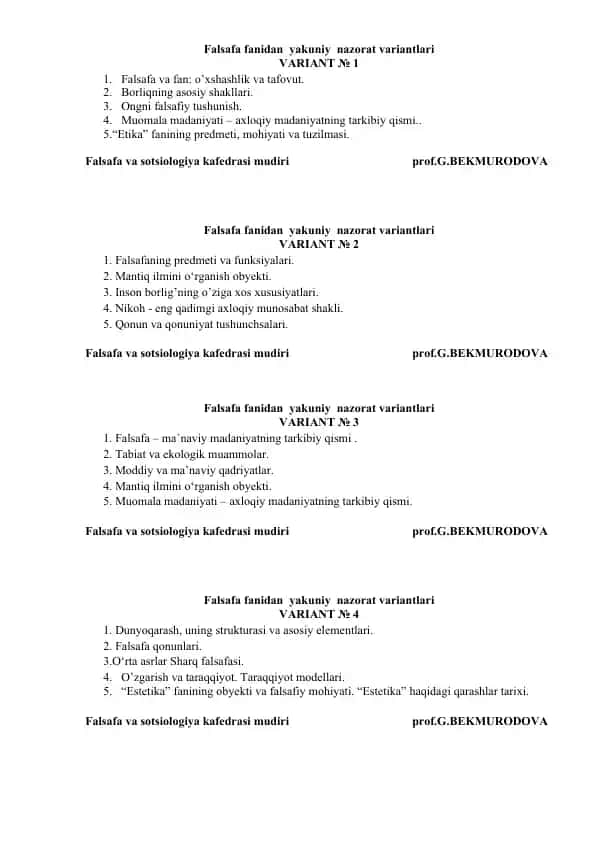 Falsafa fanidan yakuniy nazorat variantlari