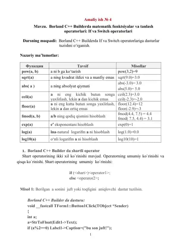 Borland C += builderda matematik funksiyalar va tanlash operatori