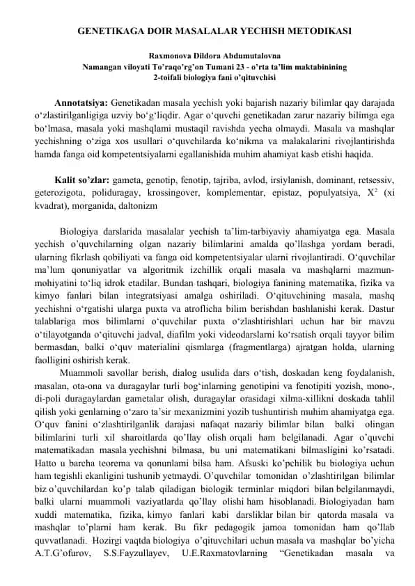 GENETIKAGA DOIR MASALALAR YECHISH METODIKASI