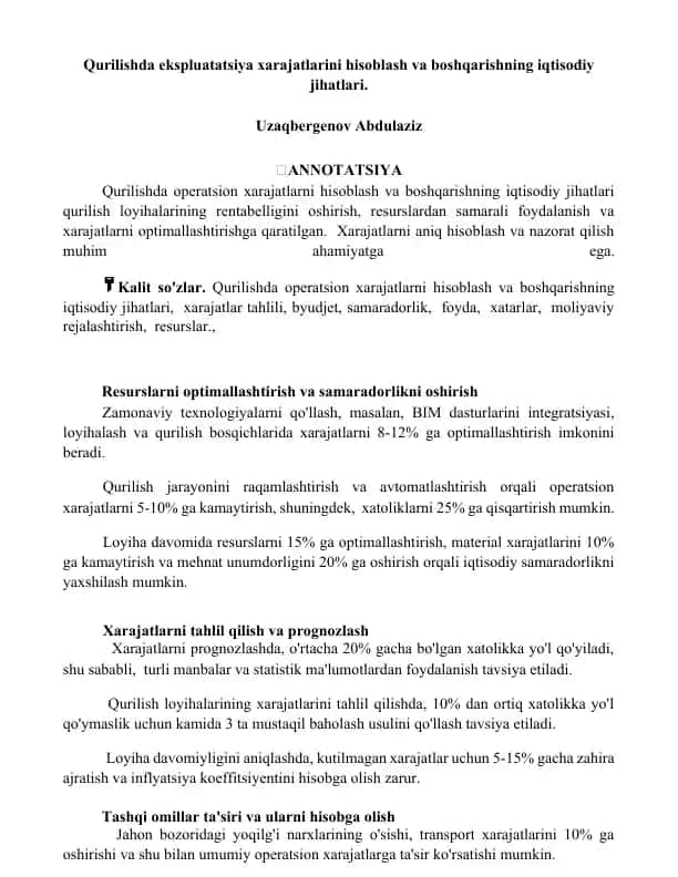 Qurilishda ekspluatatsiya xarajatlarini hisoblash va boshqarishning iqtisodiy jihatlari