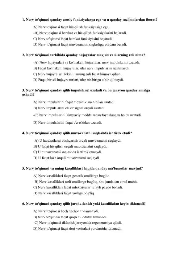 Nerv to'qimasi tuzilmalari va asosiy funksiyalari