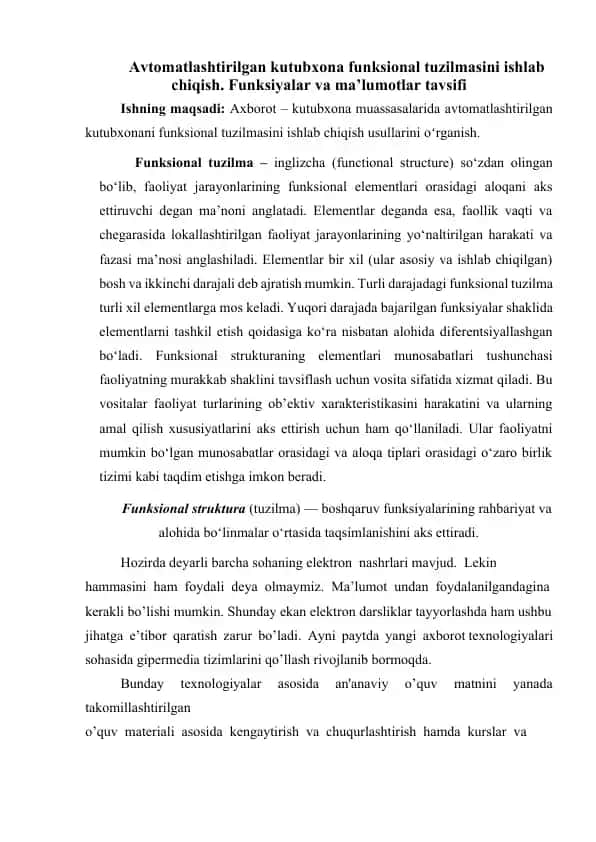 Avtomatlashtirilgan kutubxona funksional tuzilmasini ishlab chiqish