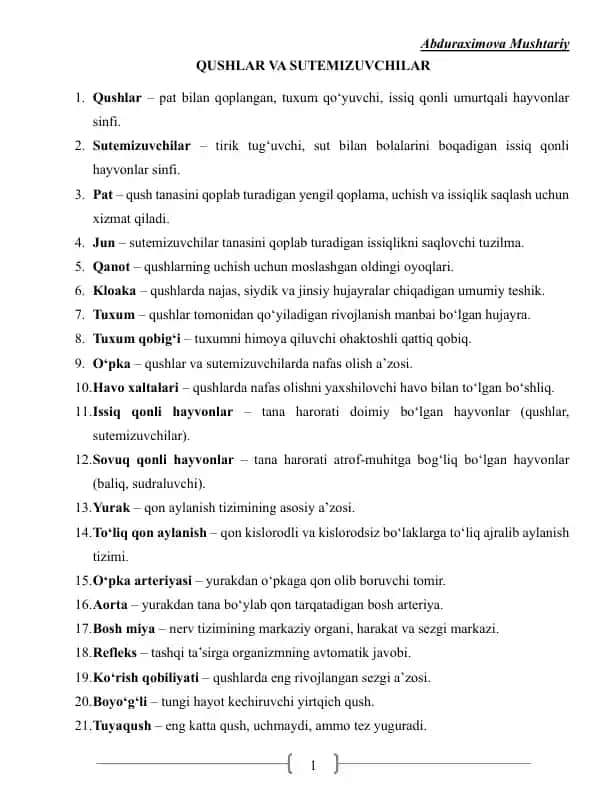 Qushlar va Sutemizuvchilar