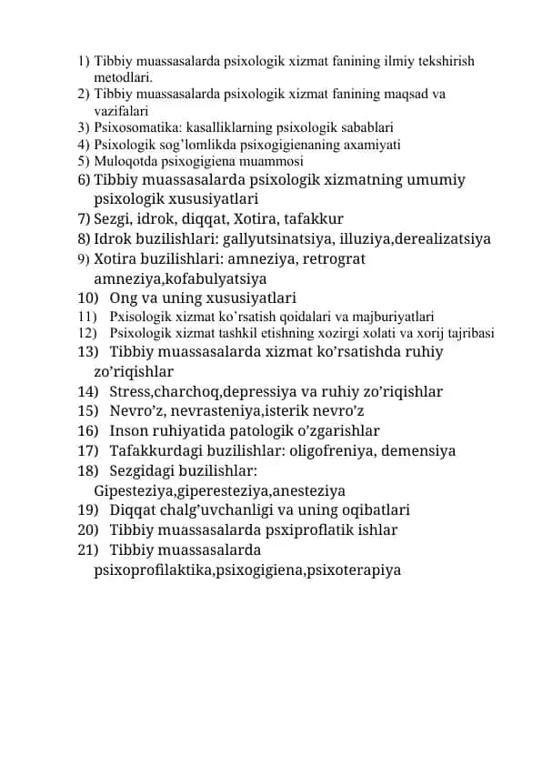 Tibbiy muassasalarda psixologik xizmat fanining ilmiy tekshirish metodlari