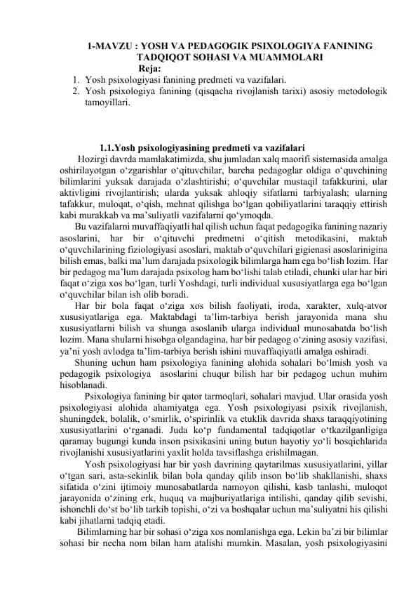 Yosh va Pedagogik Psixologiya fanining Tadqiqot sohasi va muammolari