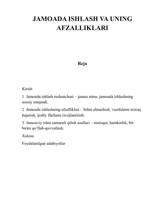 Jamoada ishlash va uning afzalliklari