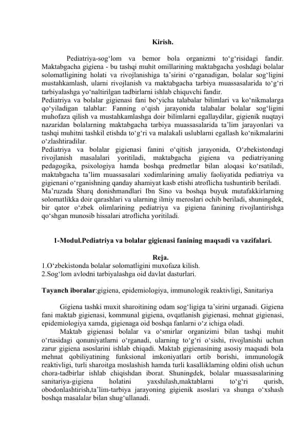 Pediatriya va bolalar gigienasi
