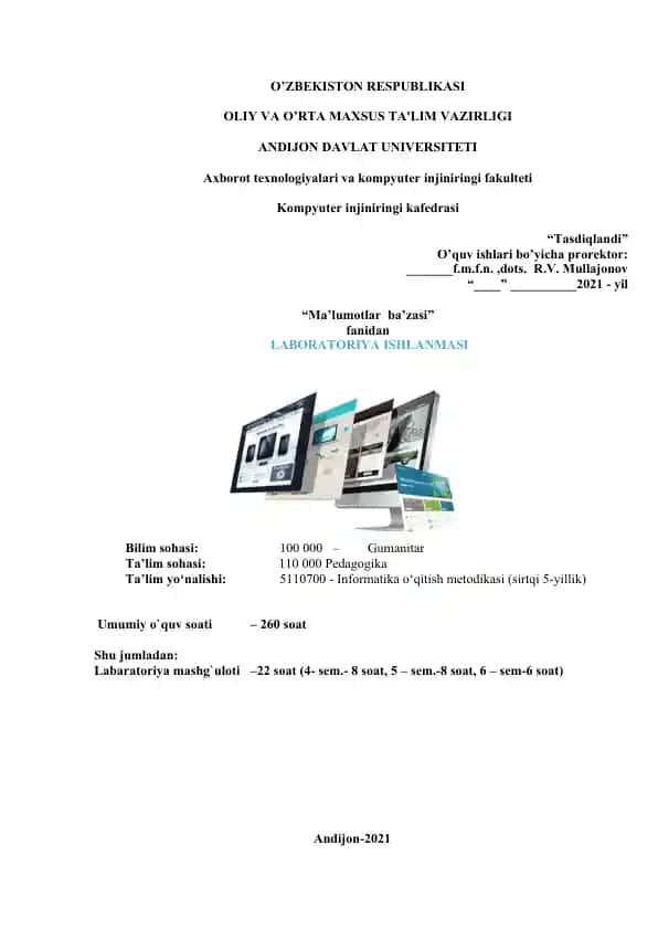 Ma’lumotlar va bilimlar ba’zasini boshqarish tizmlari uchun laboratoriya ishlanmasi ta’lim uslubiy ko’rsatma