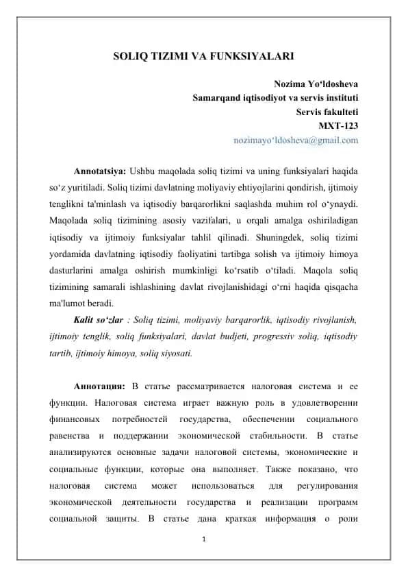 SOLIQ TIZIMI VA FUNKSIYALARI