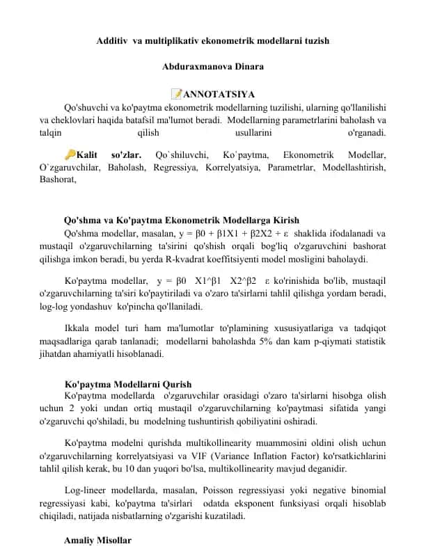 Additiv va multiplikativ ekonometrik modellarni tuzish