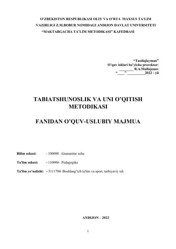 O'zbekiston Respublikasi Oliy va O'rta Maxsus Ta'lim Vazirligi Z.M.Bobur nomidagi Andijon Davlat Universiteti "Maktabgacha Ta’lim Metodikasi" Kafedrasi