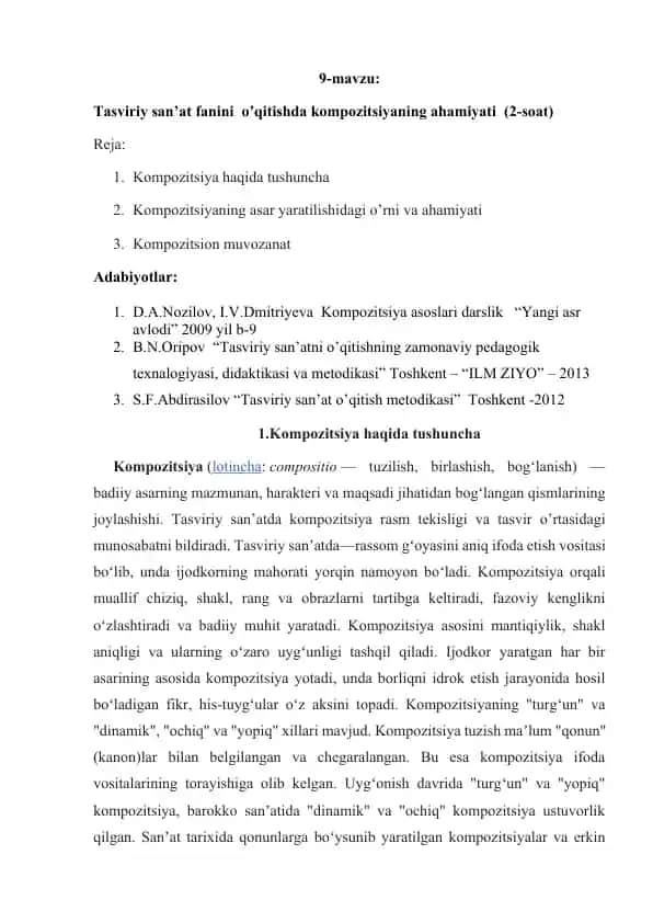 Tasviriy san’at fanini o’qitishda kompozitsiyaning ahamiyati