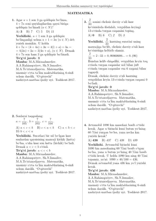 Matematika fanidan namunaviy test topshiriqlari