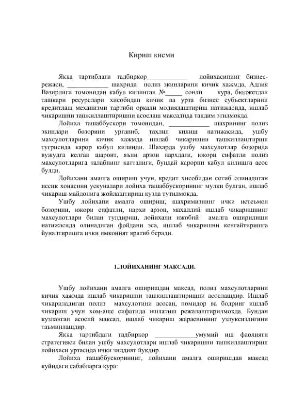 Kichik hajmli poliz mahsulotlarini ishlab chiqarish loyihasi