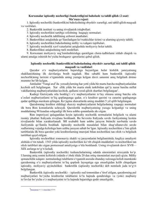 Korxonalar iqtisodiy nochorligi (bankrotligi)ni baholash va tahlil qilish