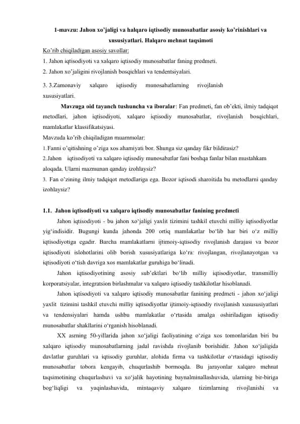 Jahon xo’jaligi va halqaro iqtisodiy munosabatlar