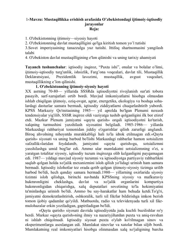 Mustaqillikka erishish arafasida O’zbekistondagi ijtimoiy-iqtisodiy jarayonlar