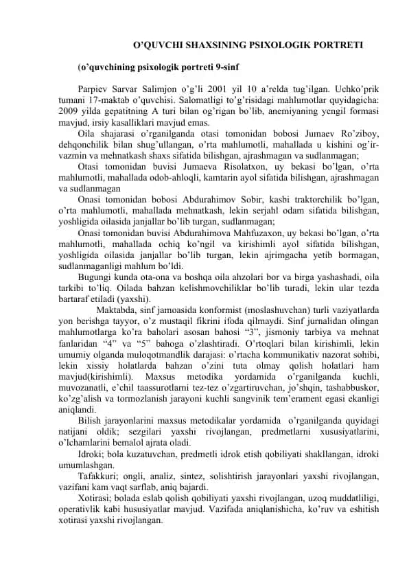 O’quvchi shaxsining psixologik portreti