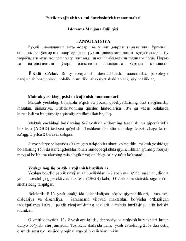 Psixik rivojlanish va uni davrlashtirish muammolari